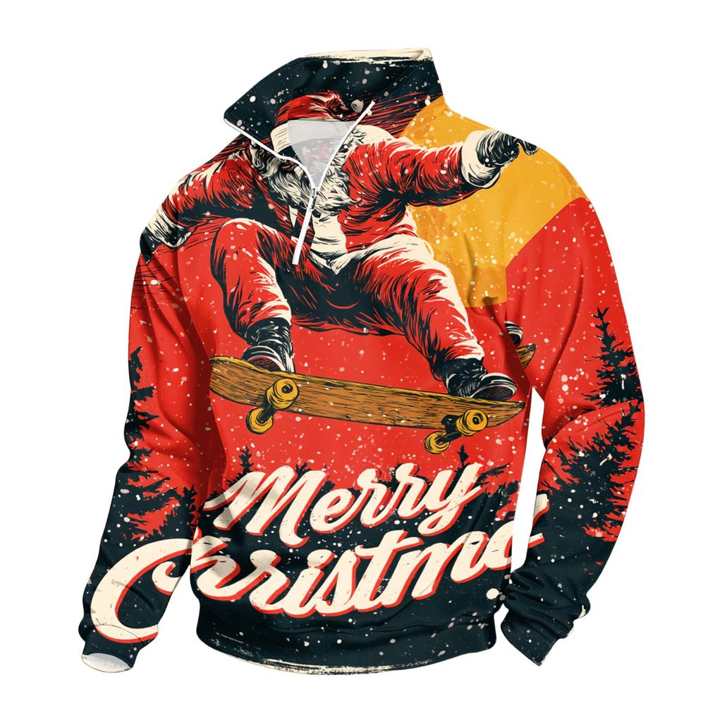 Men's Casual Stand Collar Sweatshirt with Christmas Print Long Sleeve Pullover