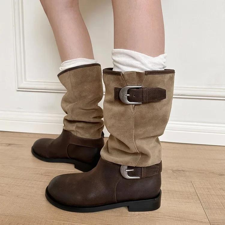 Fashion Women's Boots French Retro Belt Buckle Long Leg Knight Boots  New British Style Patchwork Pleated Calf Comfort Botas Mujer