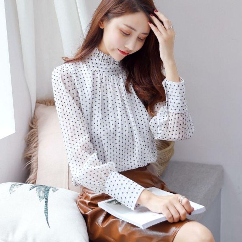 

K-стиль Осенняя Блузка с высоким воротником-стойкой, оборками, элегантным принтом в горошек, длинными рукавами, шифоновая блузка White M