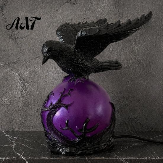 Hand Painted Sculpture Gothic Raven LED Ball Lamp, Mysterious Crow On Orb Sculpture, Whimsical Room Lighting Halloween Decorative Table Lamp