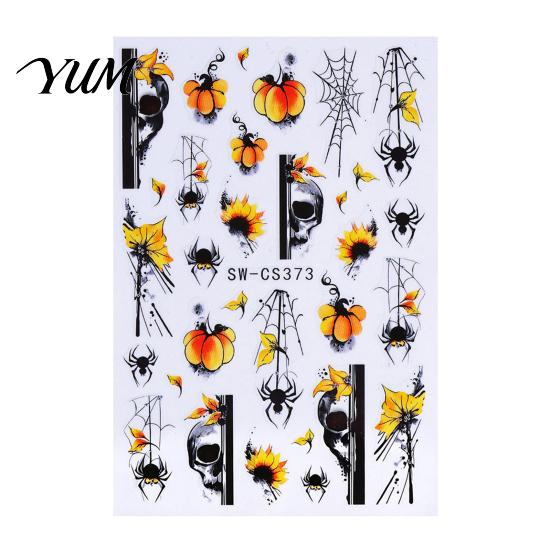 Waterproof Nail Art Women Stickers for Autumn Halloween, Pumpkin Spider Web Skull Flame Supplies Manicure Decal, DIY Holiday Party Decal