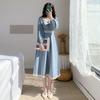 French Retro Square Collar Dress Female Autumn Winter New Elegant Fairy Slim Clothing Blue Fashion Evening Party Long Dresses