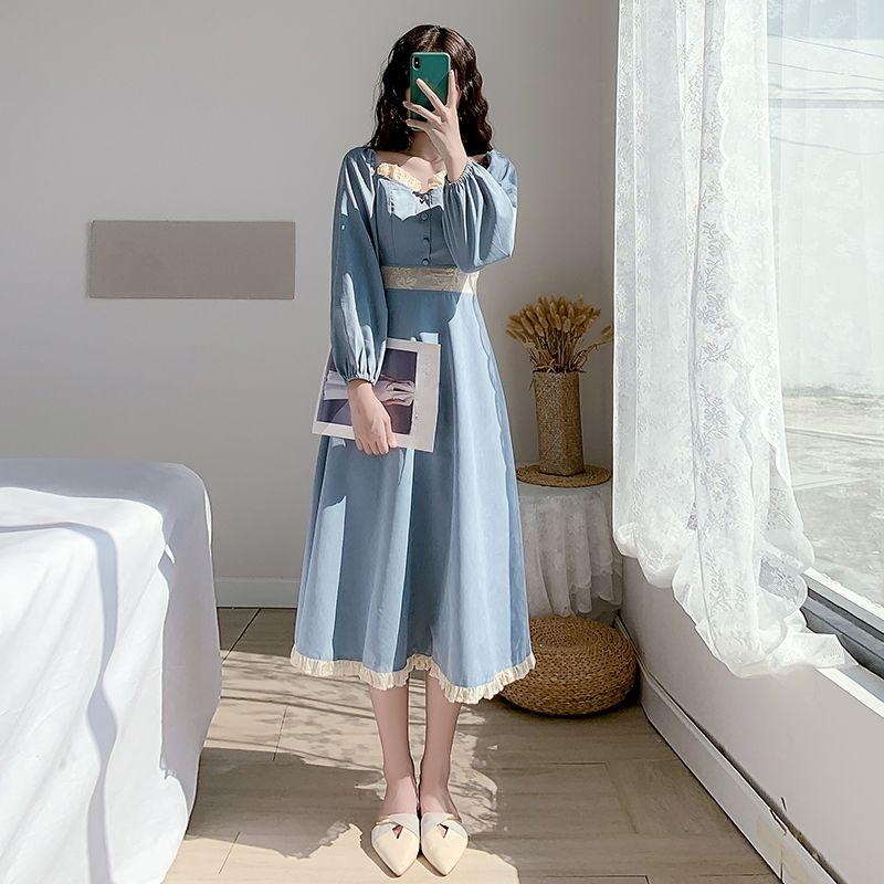 French Retro Square Collar Dress Female Autumn Winter New Elegant Fairy Slim Clothing Blue Fashion Evening Party Long Dresses