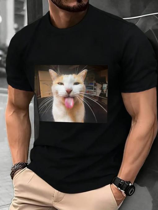 SpringSummer New Funny Cat Tongue Out Picture Printed Cotton Loose Short Sleeve Round Neck MensWomens Casual Fashion Tshirt