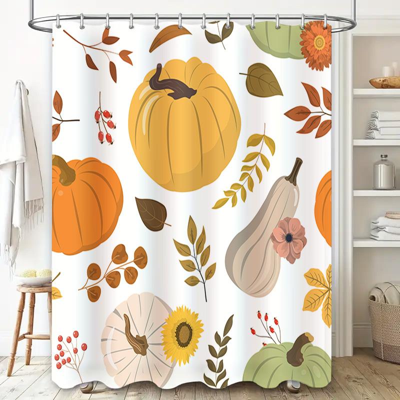 Autumn-Themed Shower Curtain Featuring Pumpkins, Gourds, Sunflowers And Berries Available In Multiple Sizes For Your Bathroom De