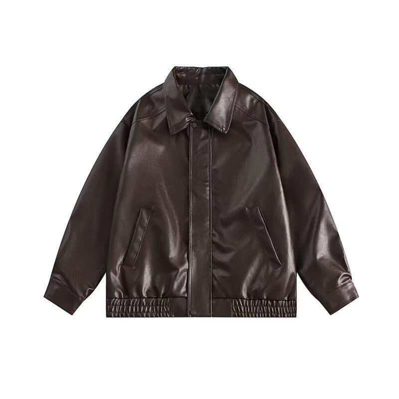 Men's Japanese Retro Leather Motorcycle Jacket - Spring/Autumn Streetwear, Trendy Loose Fit, Cool Lapel Style.