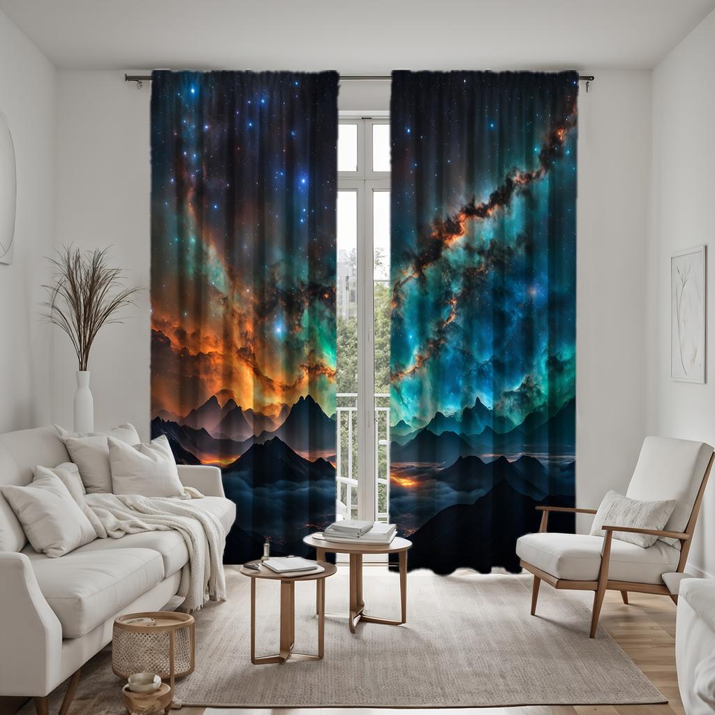 2 Pieces of HD Scenery Under the Stars Decorative Curtain Black Tie Digital Printed Curtain Home Decoration Style Decoration Liv