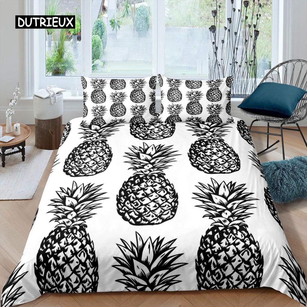 Zestaw Poszwy na Kołdrę Ananas Rozmiar King Żółty Geometryczny Zestaw Pościeli Ananas Motyw Nadmorski Plażowy Poszwa na Kołdrę z Nadrukiem Owoców