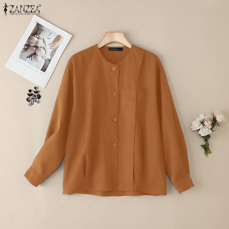 ZANZEA Women Casual Round Neck Solid Color Long Sleeve Blouse