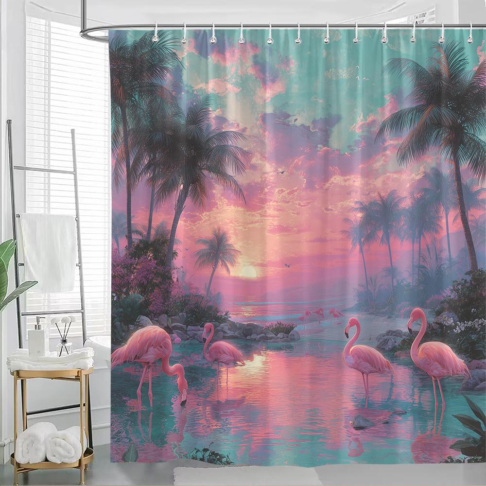 1pc Tropical Flamingo Shower Curtain - Tropical Beach Bathroom Decor with Flamingos, Palm Trees & Sunset - Extra Long 70.8x70.8 90x180cm35x71in