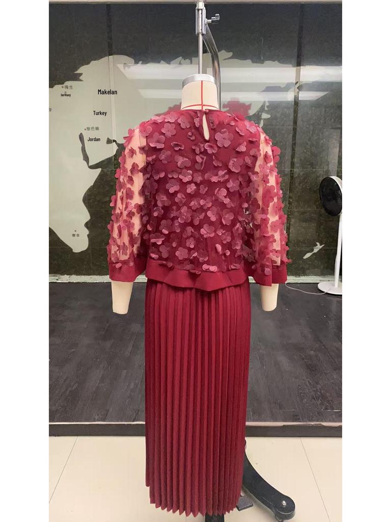 Women's Elegant 3D Floral Mesh Patchwork A-Line Dress with Pleated Skirt