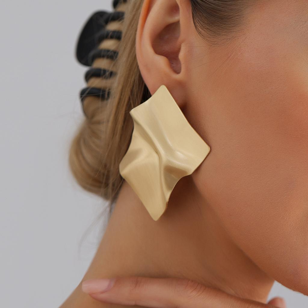 Geometric irregular pleated stud earrings temperament metallic retro ins exaggerated style earrings
