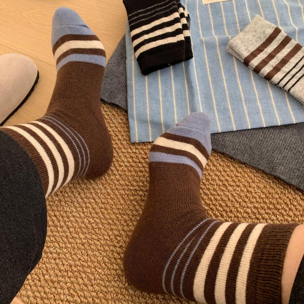 Winter Striped Wool Socks - Japanese Academy Style, Mid-Calf, Slouchy, Warm for Women