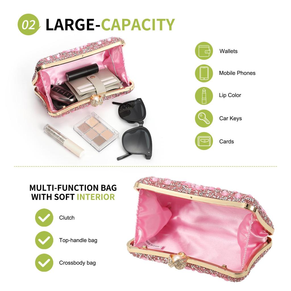 uxcell Evening Sparkling Crystal Rhinestone Clutch Bag with Two Chain Perfect for and Pink Women's Bag, Straps, Weddings, Evenings, Weekends,