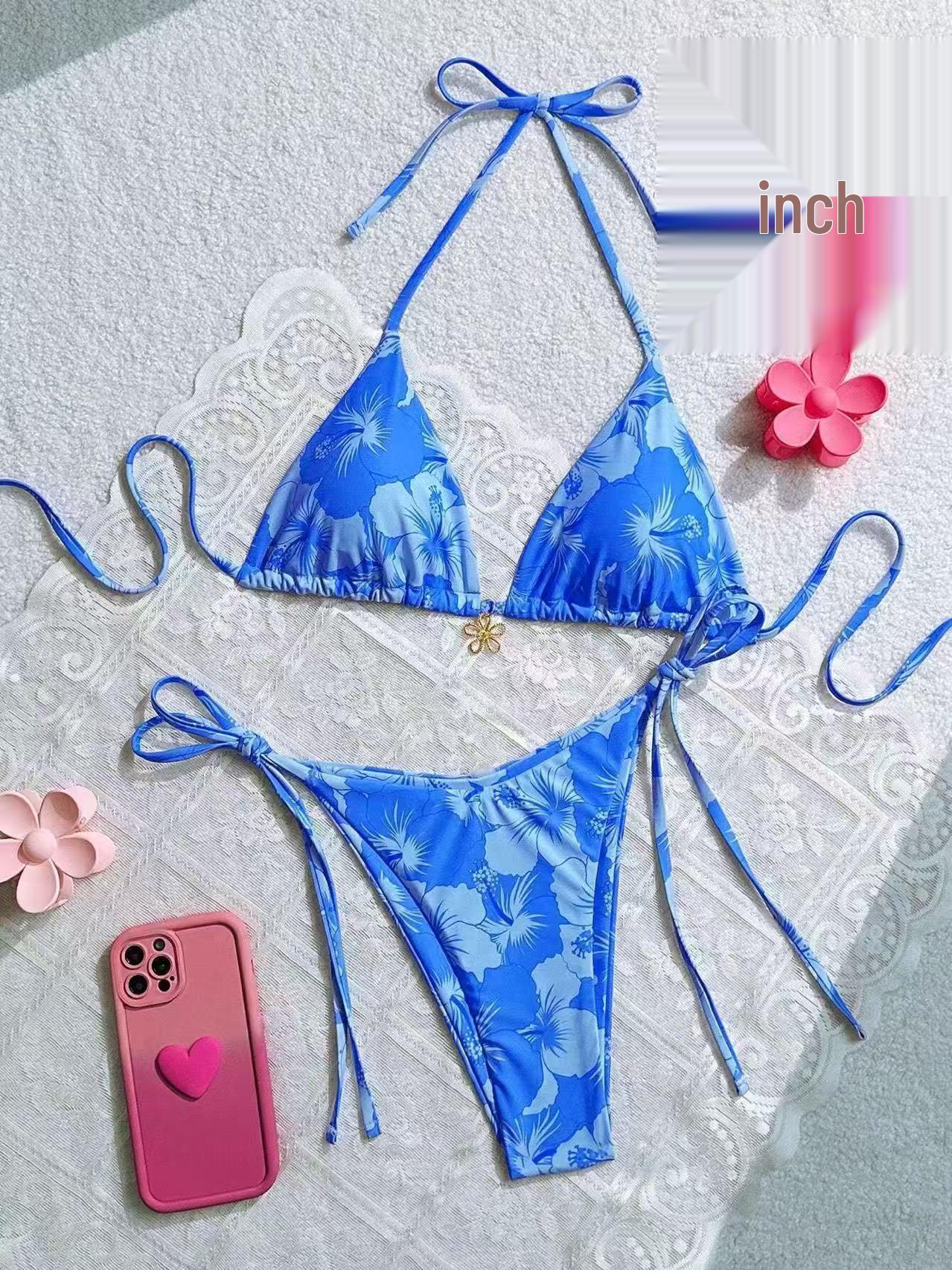 

European & American Lace-Up Two-Piece Swimsuit - Printed Bikini for Vacation Small