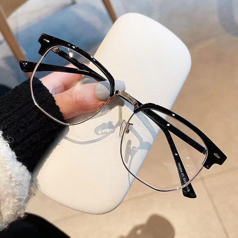 Fashion unisex square Plain glasses for men women Metal frame glasses polygon eyeglasses Gentle Black anti blue light glasses