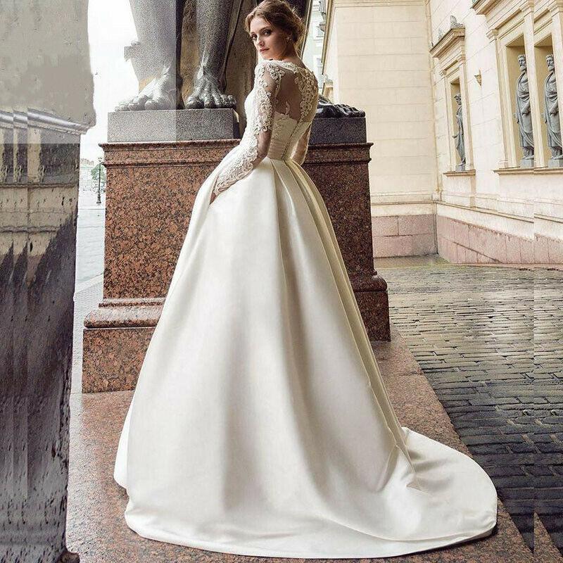 European & American 2026 New Style Round Neck Lace Long Sleeve Satin Wedding Dress, Slimming, Customizable Plus Size.