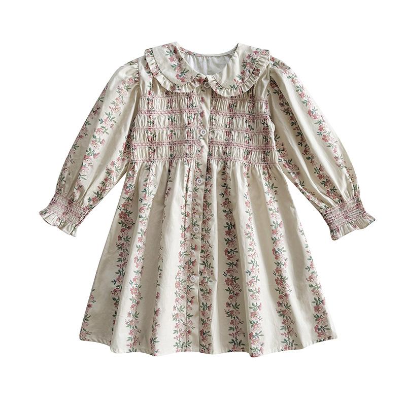 Spring Girls Floral Dress With Peter Pan Collar Hand Smocked Long Sleeve Princess Dress Elegant Children Clothing