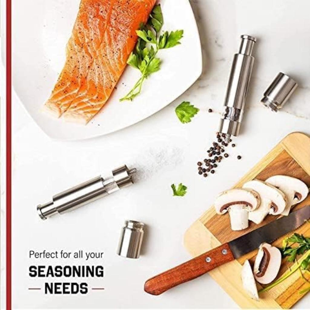 Salt- og pepperkvern i rustfritt stål, trykknappkvern moderne design tommelkvern, for svart pepper, havsalt og Himalayasalt, krydder og salt