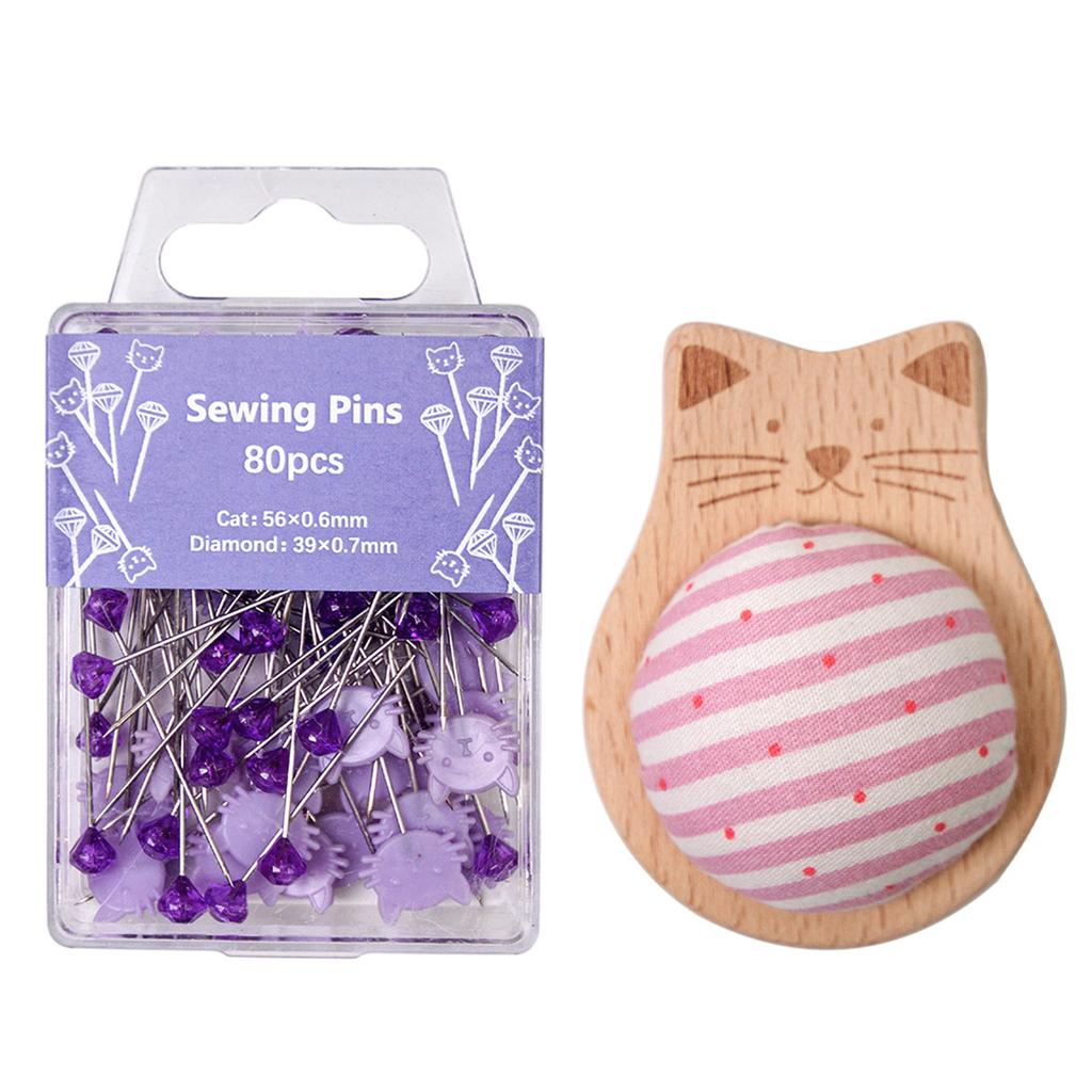 Wood Pin Cushion with 80 Straight Sewing Pin for Dressmaking Needlework Sewing Quilting Positioning Pin with Pin Holder