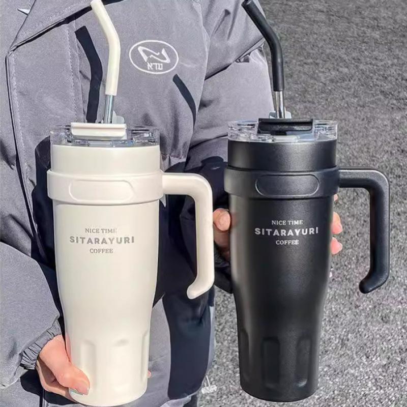 Tazza termica a doppia bevanda di grande capacità con cannuccia e manico - Ideale per sport all'aperto e ufficio