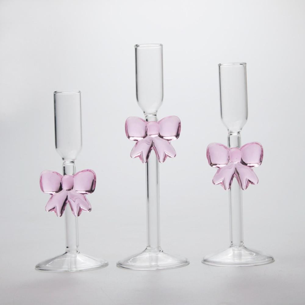 

Romantic Pink Bow Glass High Footed Candle Holder Clear Candlestick Holder for Wedding Home Party Table Centerpiece Decoration