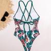 Floral Print One Piece Swimwear Deep V-Neck Women Swimsuit Cri-Cross Bathing Swimming Suit