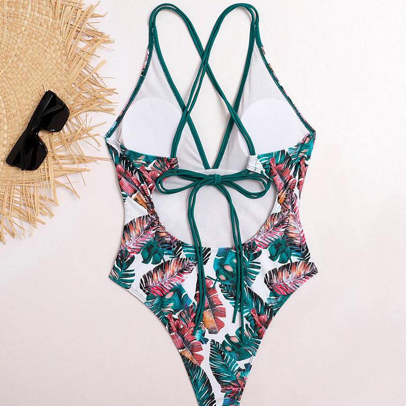 Floral Print One Piece Swimwear Deep V-Neck Women Swimsuit Cri-Cross Bathing Swimming Suit