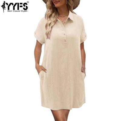 Damenmode Sommer Frühling Einfarbig Druck Kurzarm POLO Hals Lose Taille Casual Kleider