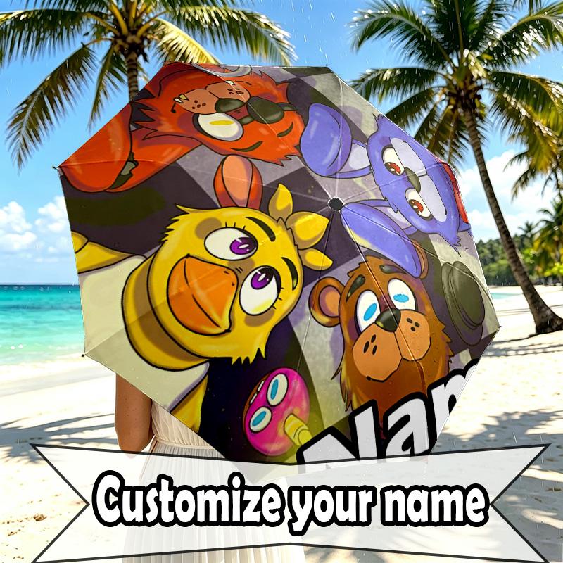 Custom Name Personalized Five Nights at Freddy's Print Umbrella, Auto Open Close, 8‑Rib Sturdy Frame, Commute Camping Hiking Use, Birthday Gift