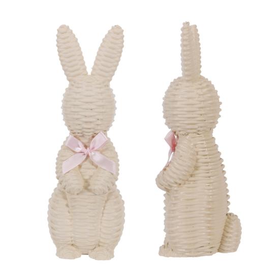 Rattan Effect Resin Easter Bunny Figurine Wicker Rabbit Statue with Bow for Spring Table Centerpiece Indoor Outdoor Patio Yard Farmhouse Home Decor