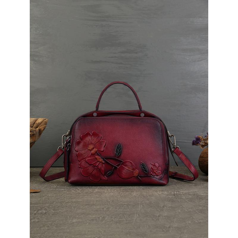 First Layer Cowhide Retro Pillow Bag Artistic Style Embossedhandbags Large Capacity with Boston Women's Bag