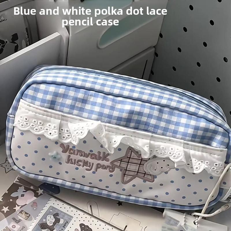 Cotton Vintage Plaid Pencil Case With Lace Detail For Students And Office Use