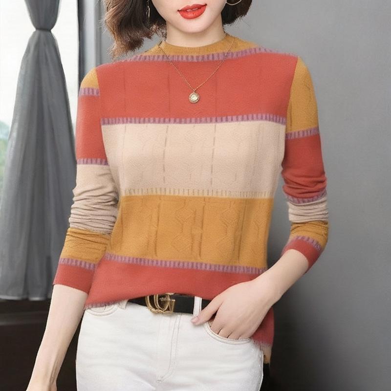 

New Arrival Color Block Striped Long Sleeve Knit Top for Middle-Aged & Elderly Women – Belly Covering Design 2XL