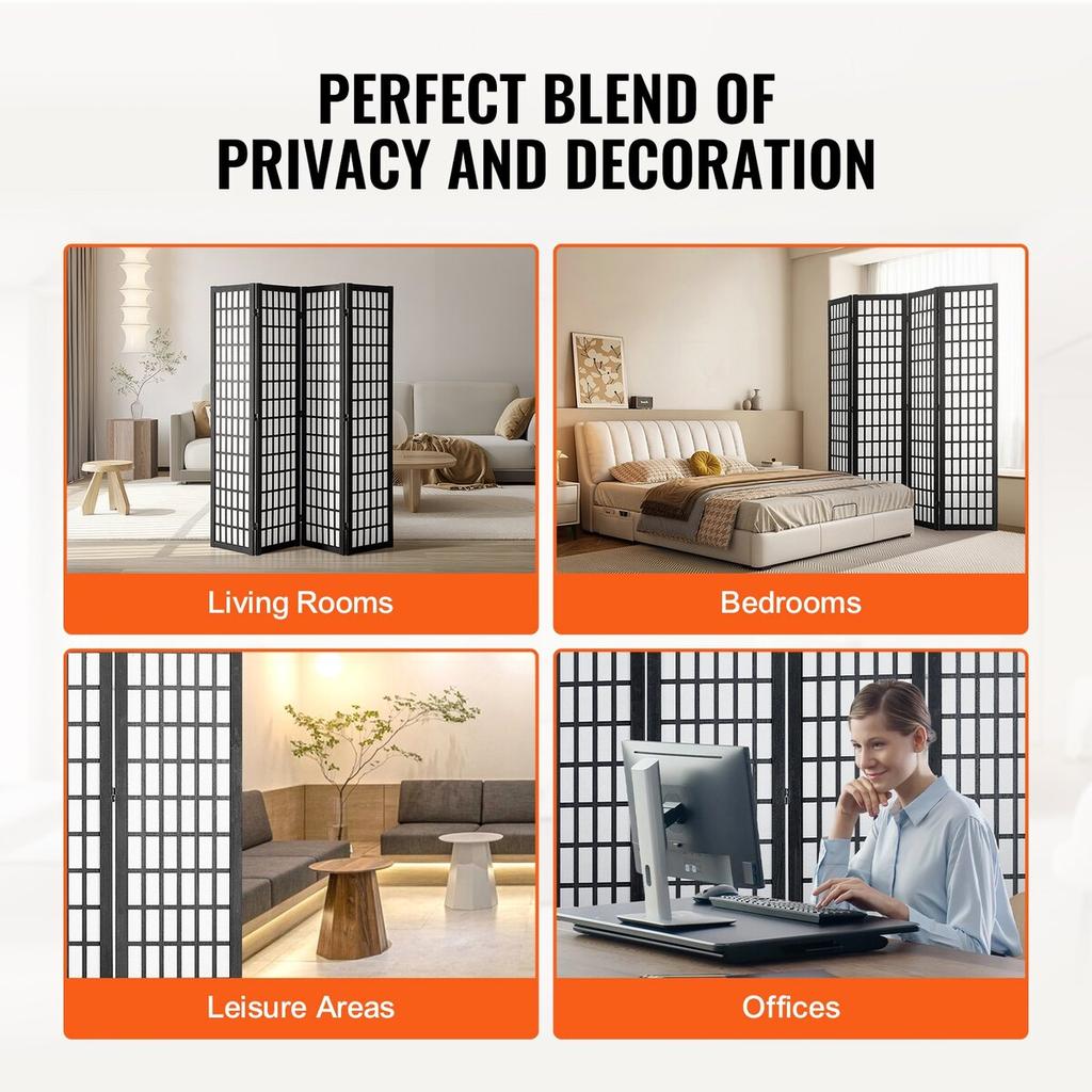 Room Divider Japanese Wall Divider 4 Panel Screen for Room Separation