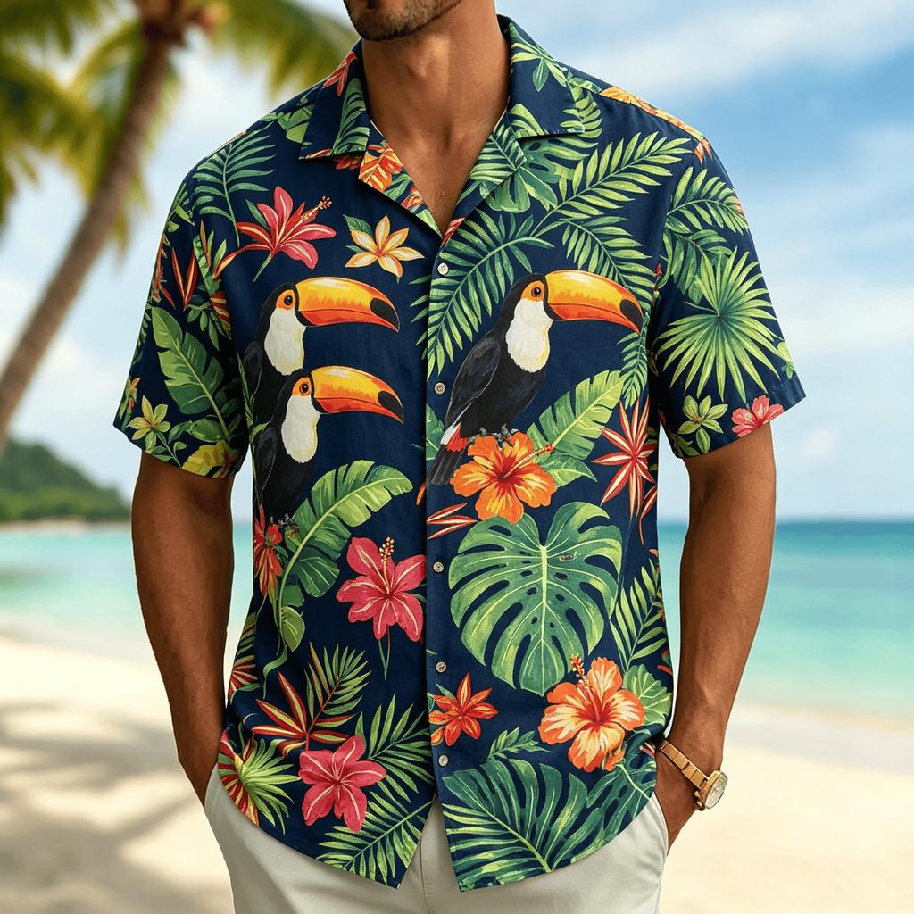 2026 Men's Tropical Butterfly Printed Short Sleeved Shirt, Casual Hawaiian Top, Summer Vibrant Jungle Design