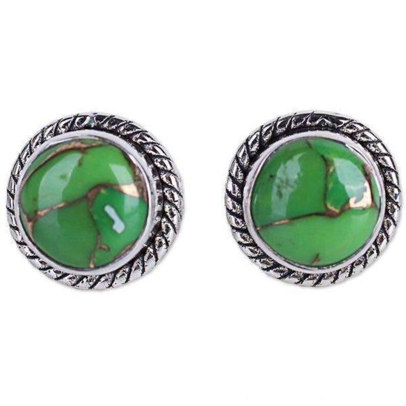 925 Sterling Silver Green Copper Turquiose Gemstone Studs Post Earrings Jewelry Gift for Women - 3.8 Gms Approx