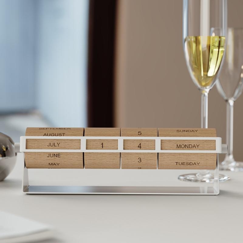 Contemporary Wooden Tabletop Rotating Permanent Calendar With Metal Base Month Week Day Date Display For Gift And Decors