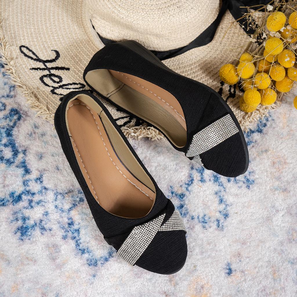 Round Toe Flat Sole Single Shoes for Women, Rhinestone Shallow Mouth Mom Shoes, Casual Shoes