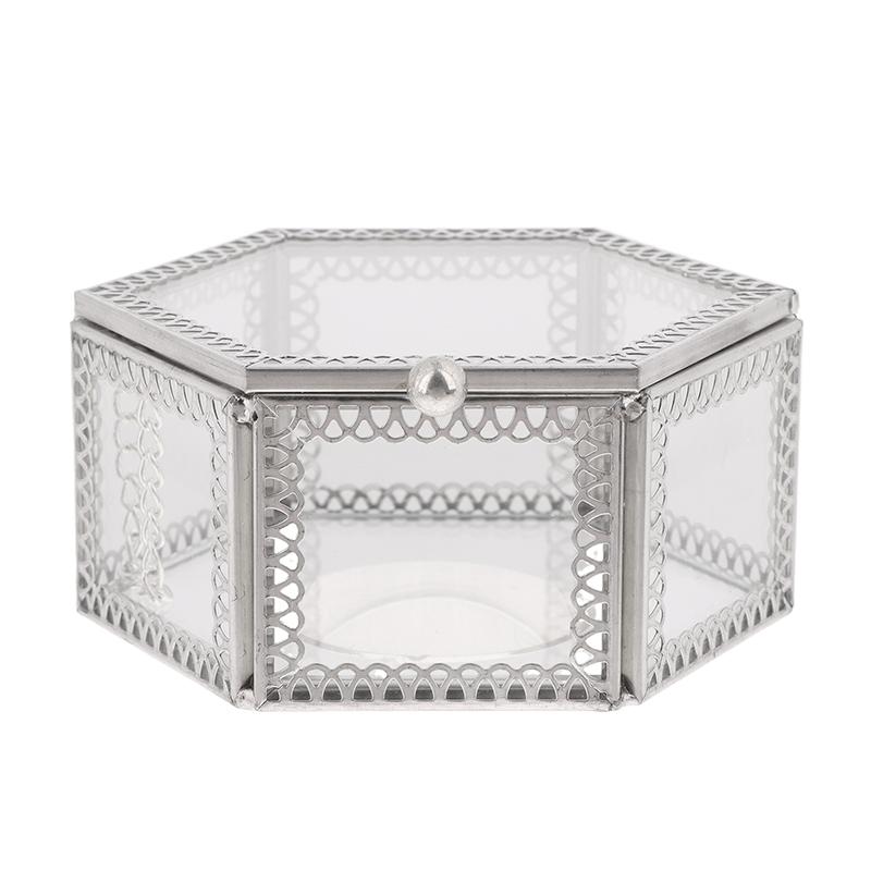 Hexagon Transparent Glass Storage Box Jewelry Ring Earring Beads Coins Display Case Keepsake Organizer Tabletop Container