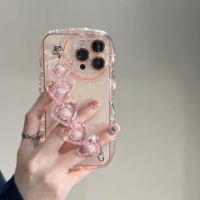 

Корейский милый 3d Love Heart волнистый браслет на запястье чехол для телефона для Iphone 11 13 12pro Max X Xr Xs Max прозрачный мягкий противоударный чехол For iPhone 13 розовый