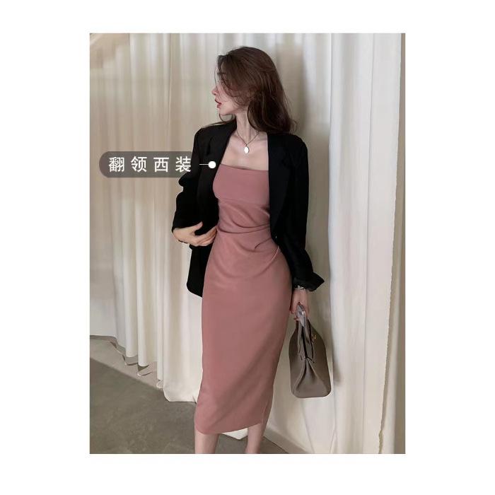 

Pink camisole dress length and short new spring and autumn slimming and age-reducing pleated slit base skirt is versatile S розовый