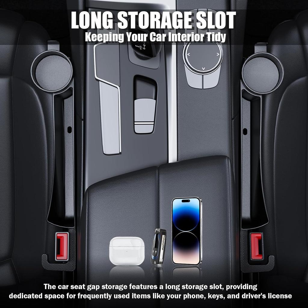 2PCS Car Seat Gap Filler Organizer With Cars Cup Holder,Hook,3 In 1 Car Seat Gap Plug With Storage Slot & Seats Belt Holes & Charging Port,Universal