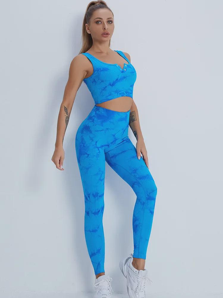 Stylish Tie-Dye Yoga Apparel: Women's Backless Tops, Yoga Vests, Running Pants, Sports Bras, and Fitness Outfits for Summer.