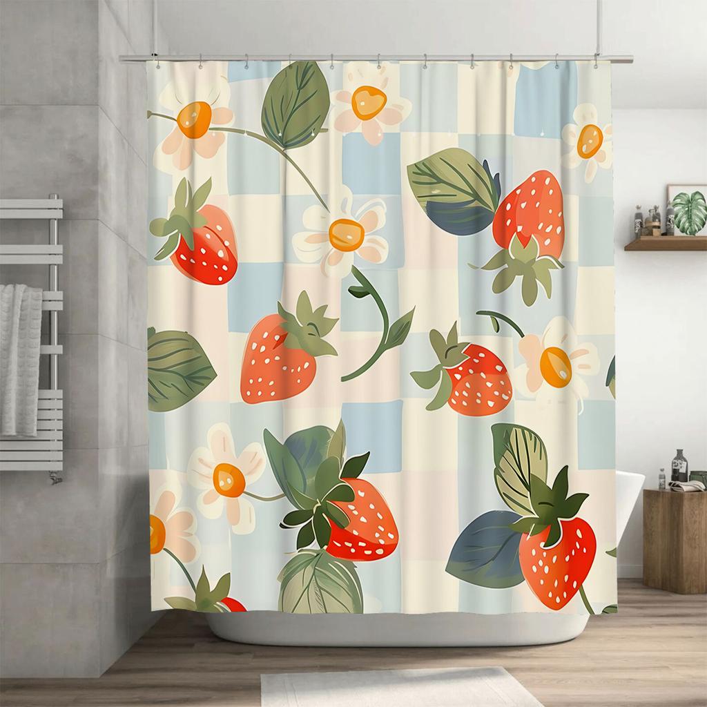 Duschdraperi med jordgubbsmönster för badrum - Vattentätt och hållbart med attraktiv design, kompletterande krokar, lätt att rengöra
