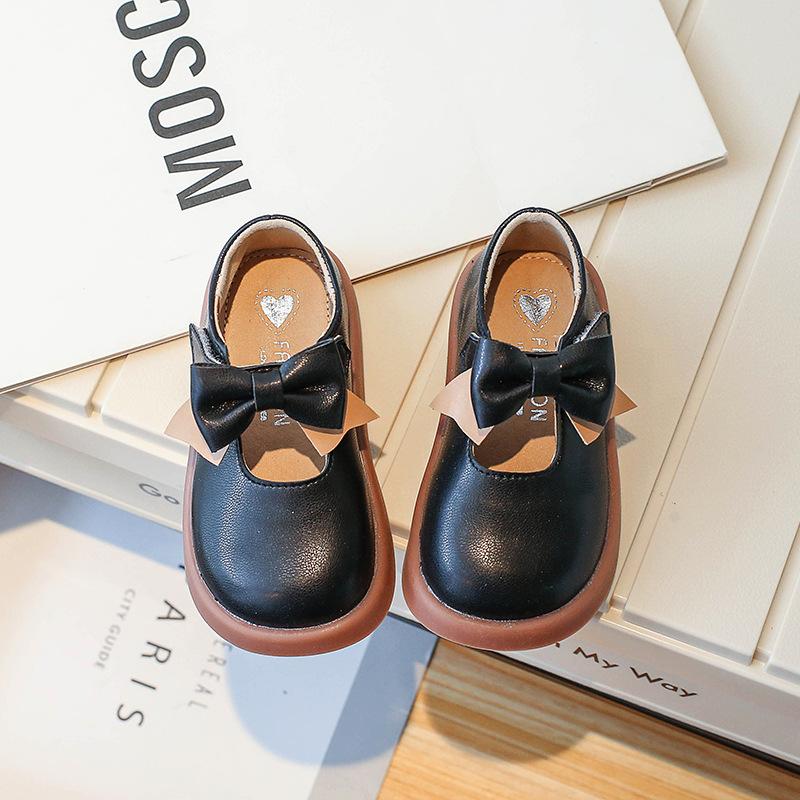 2024 Girls Leather Shoes Black Round-toe Black Uniform School Shoes Bow Non-slip Flats Children Fashion Casual Shoes Kids Shoes