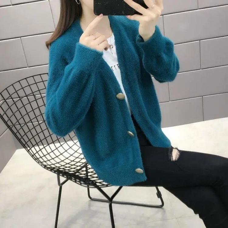 Casaco Cardigan Feminino Curto Solto Primavera Outono Cor Sólida Lã Sintética de Vison Tricotado Botão Suéter