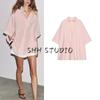 Summer Women's Viscose Blend Pleated Decorative Turtleneck Stripes Loose Cape-Style Shirt 3848183