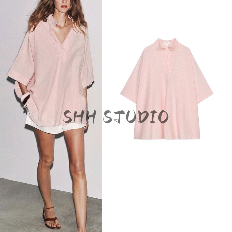 Summer Women's Viscose Blend Pleated Decorative Turtleneck Stripes Loose Cape-Style Shirt 3848183