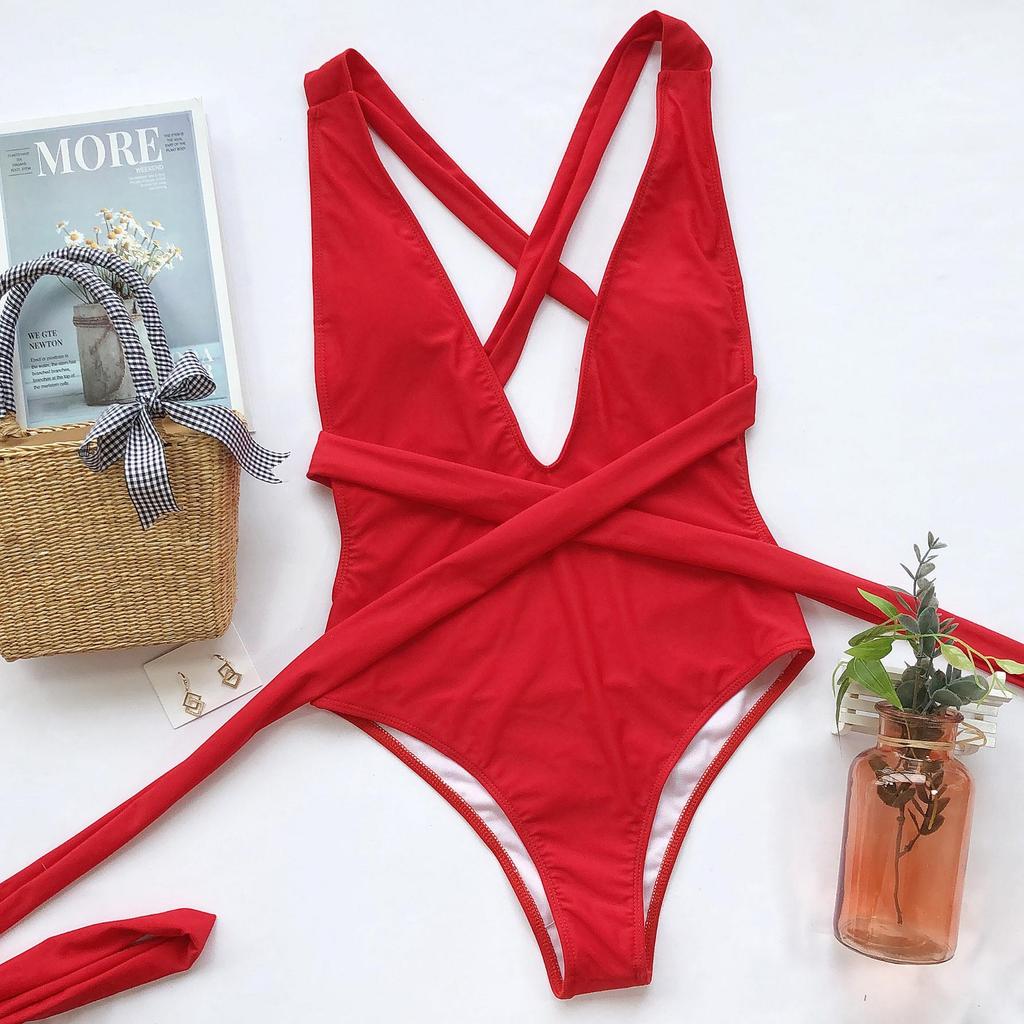 Sexy Deep V Neck Swimwear Backless Bandage One Piece Swimsuit Monokini Badpak Bathing Suit